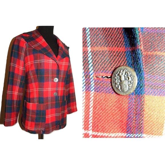 70s RED Plaid Blazer | Tartan Jacket Wide Notched Collar MOD Punk - Picture 1 of 10